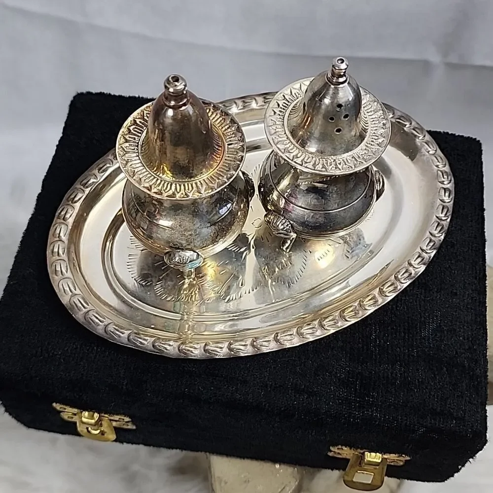 Vintage Silverplate Salt & Pepper with Tray and Crushed Velvet Case